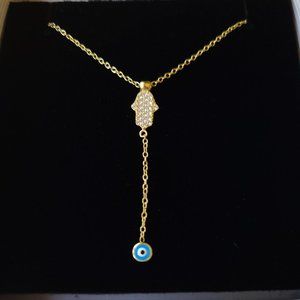 pave Hamsa center and a Evil Eye charm enamel drop